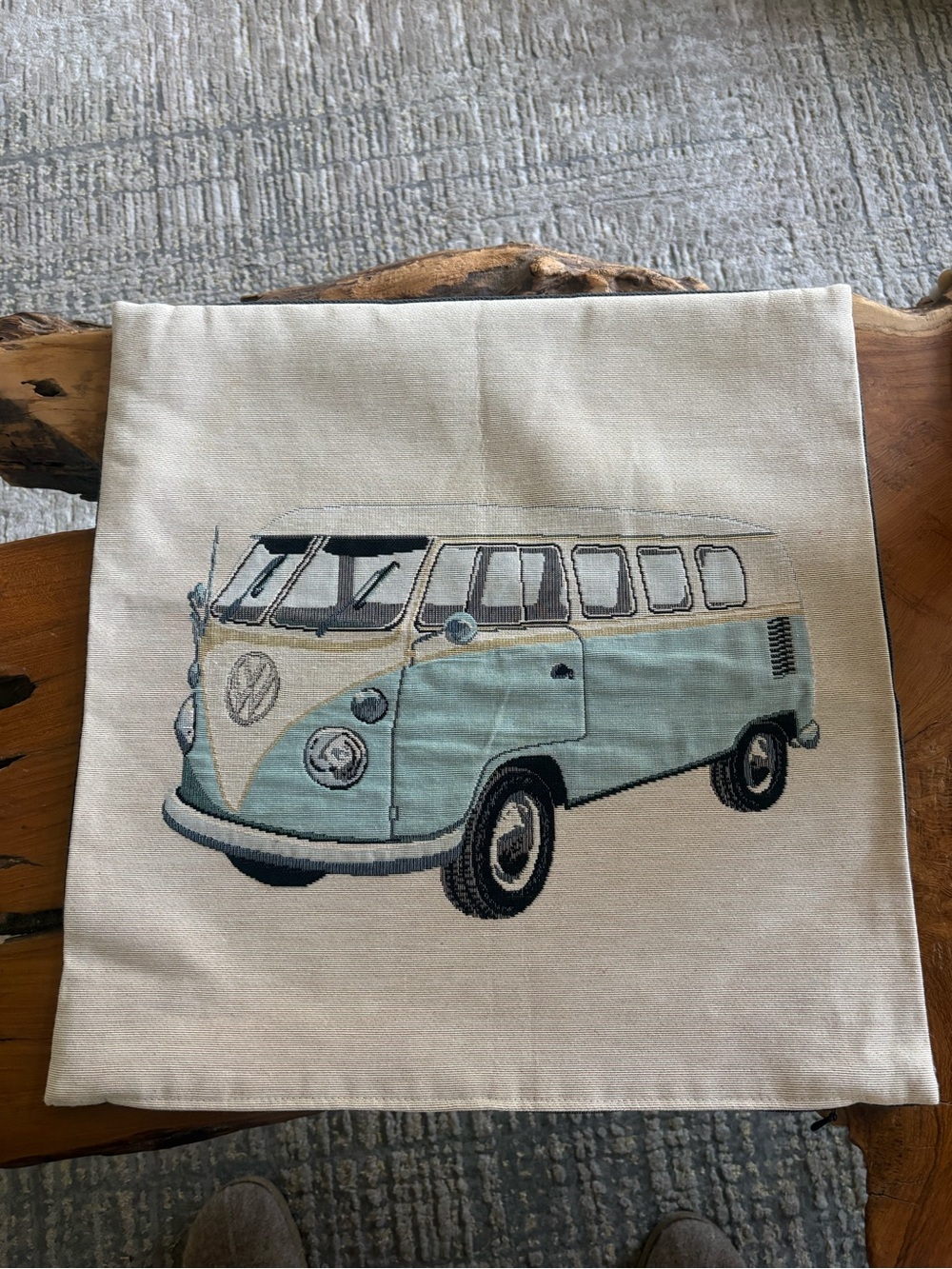 Volkswagen Vintage Bus Embroidered Pillow Cover - Light Blue & Cream NEW